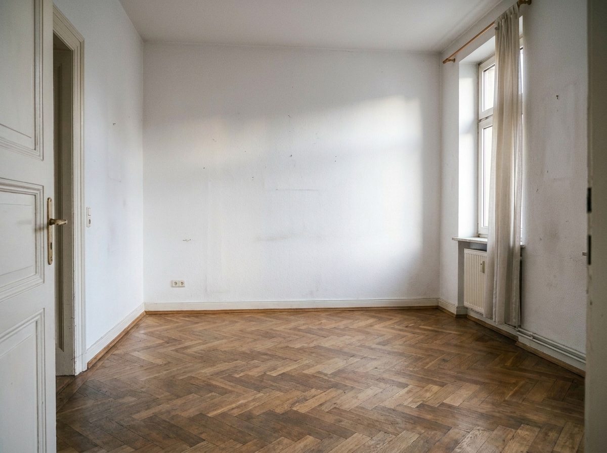 Dieselbe Altbauwohnung in Köln nach der Entrümpelung, komplett leer und der Fischgrät-Parkett gefegt.