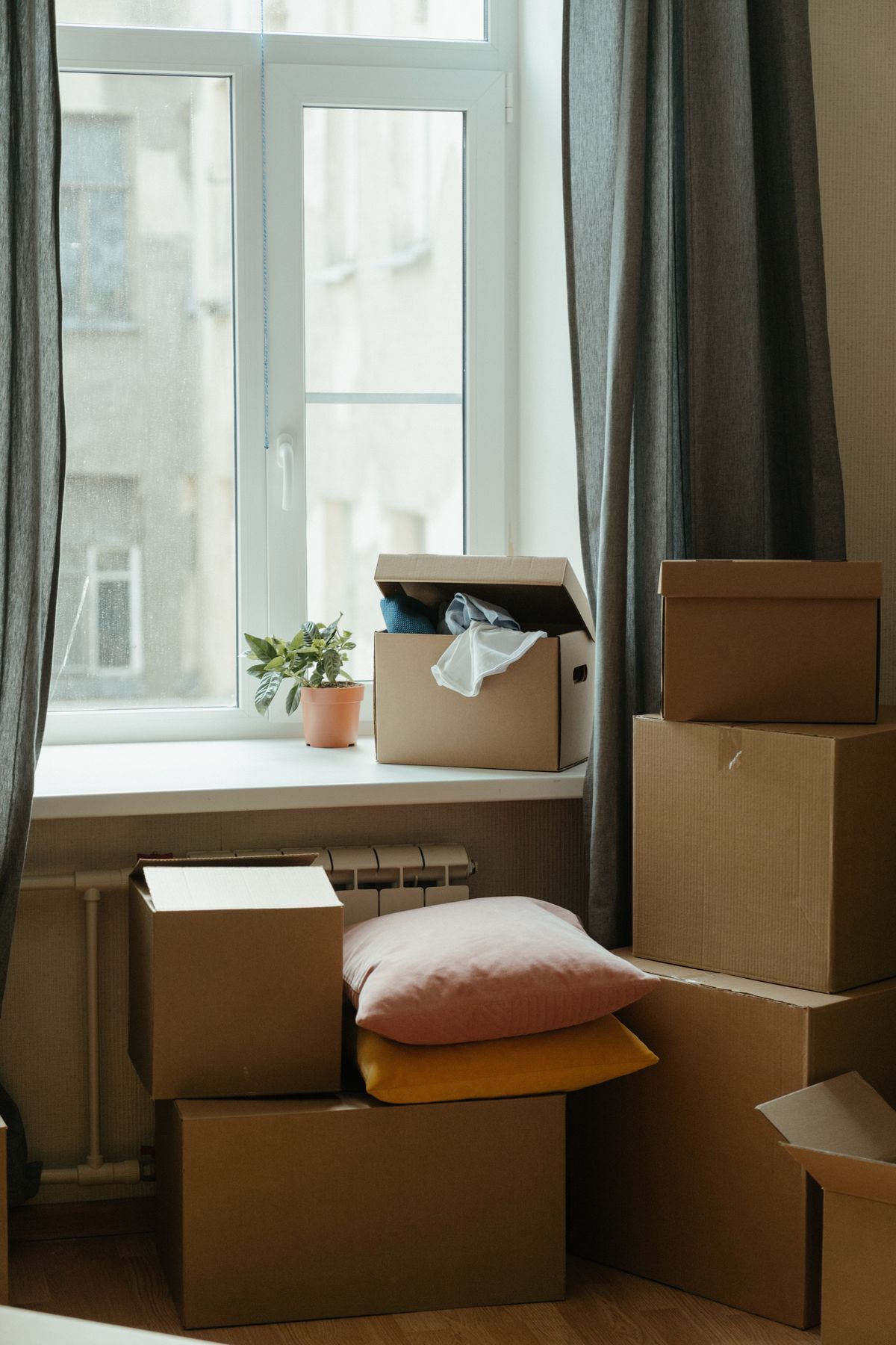 Gestapelte Umzugskartons am Fenster mit kleinen Pflanzen und Kissen für Umzüge mit Verpackungsservice.