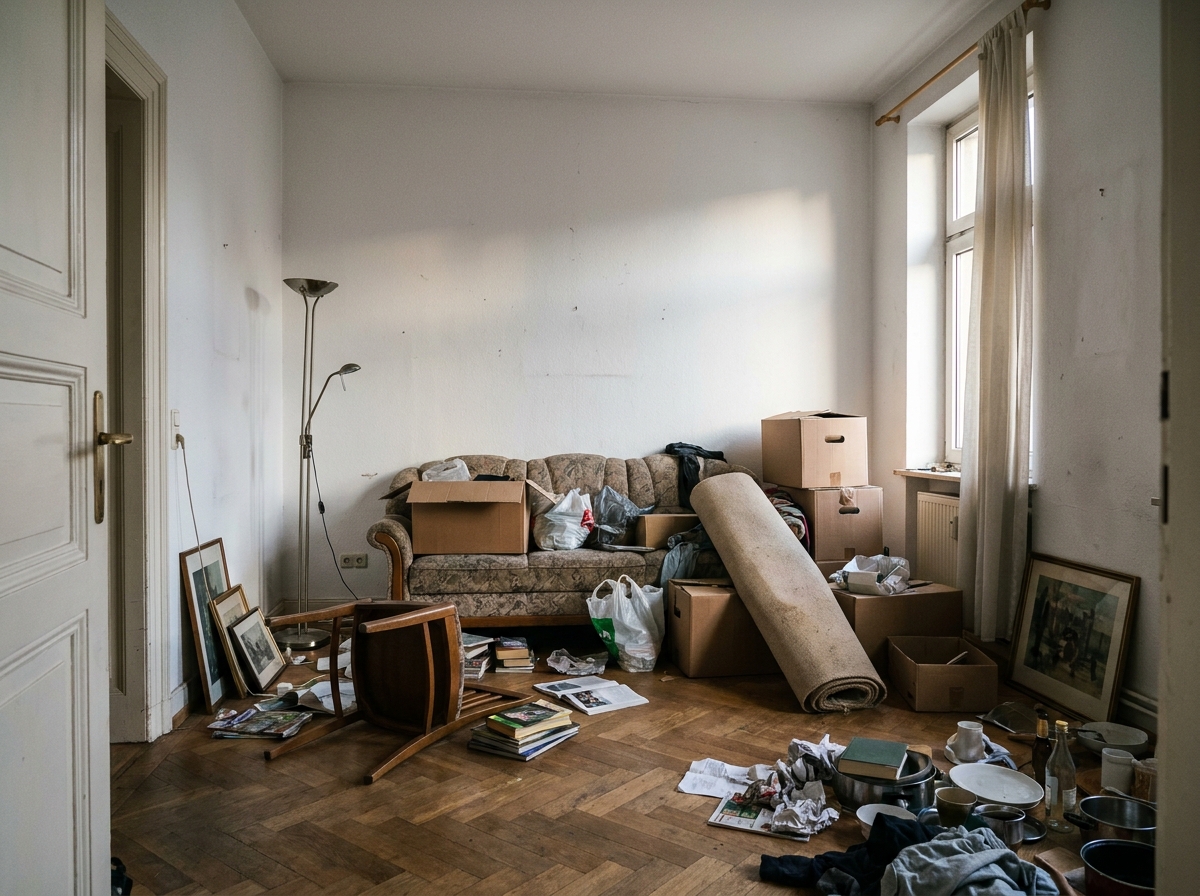 Voll möblierte 3-Zimmer-Altbauwohnung in Köln vor der Entrümpelung mit Sofa, Umzugskartons, Teppich und Hausrat auf Fischgrät-Parkett.